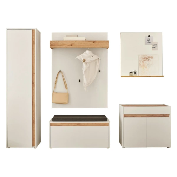 Home affaire Garderoben-Set GIRON/CiTY, moderne Garderobe, Komplettset mit viel Stauraum, (Komplett-Set, 5-St), enthält Schrank, Kommode, Spiegel, Paneel & Schuhbank +Sitzkissen