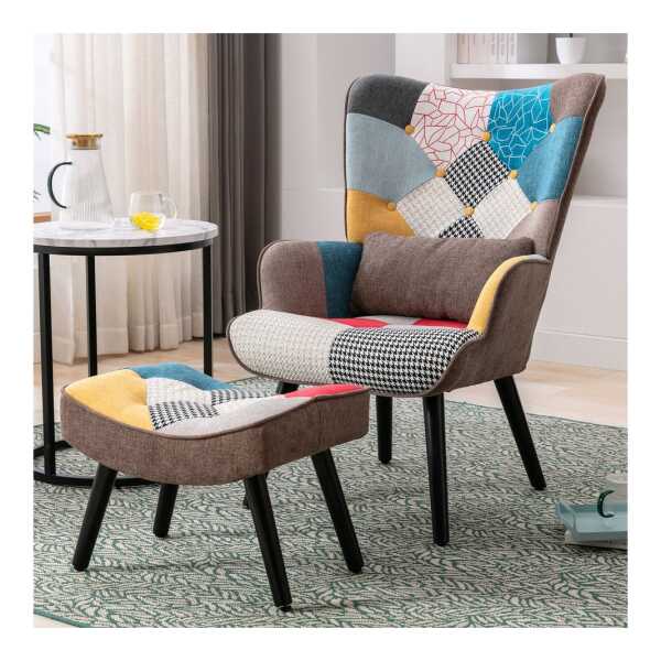 HomeMiYN Ohrensessel Relaxsessel Lehnstühle Patchwork Ohrensessel mit Hocker lesesessel, Chair