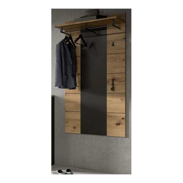 Inn.Furn Garderobenpaneel Cooper (Wandgarderobe in Eiche Artisan und Basalt grau, 80 x 141 cm), mit großer Kleiderstange und 7 Haken