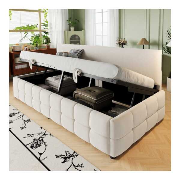 KLAM HOME Schlafsofa Modernes Schlafsofa Mit Hydraulischem Stauraum In Samt, 90x200cm Polsterbett Ohne Armlehnen Im Karo Design, Multifunktionales Einzelbett Als Sitz- Und Schlafmöbel