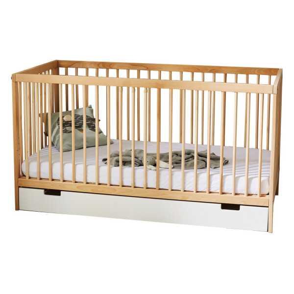 Kids Collective Kinderbett Babybett Gitterbett 60x120 und 70x140 cm höhenverstellbar, mit Schublade & Matratze natur 60x120 cm von Geburt bis 3. Lebensjahr