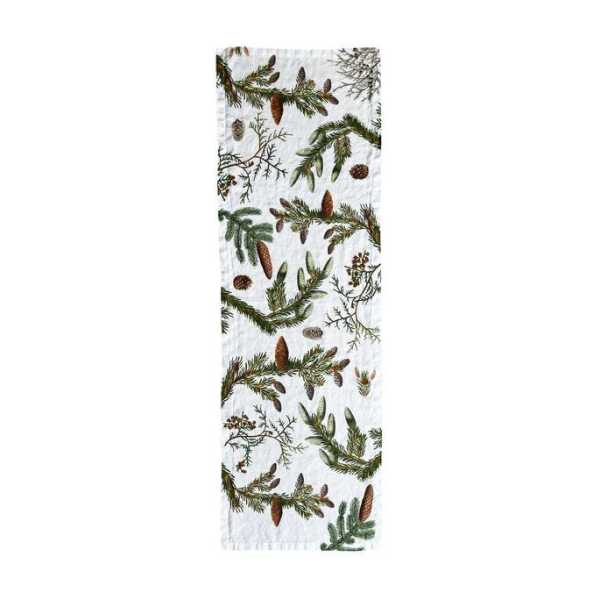 Koustrup & Co Exklusiver Tischläufer aus stonewashed Leinen mit Kiefern- & Zapfenmotiv - 45 × 145 cm
