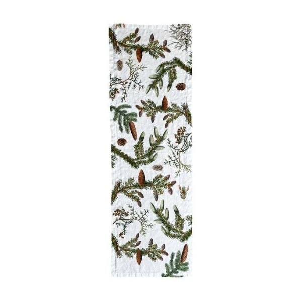 Koustrup & Co Exklusiver Tischläufer aus stonewashed Leinen mit Kiefern- & Zapfenmotiv - 45 × 145 cm
