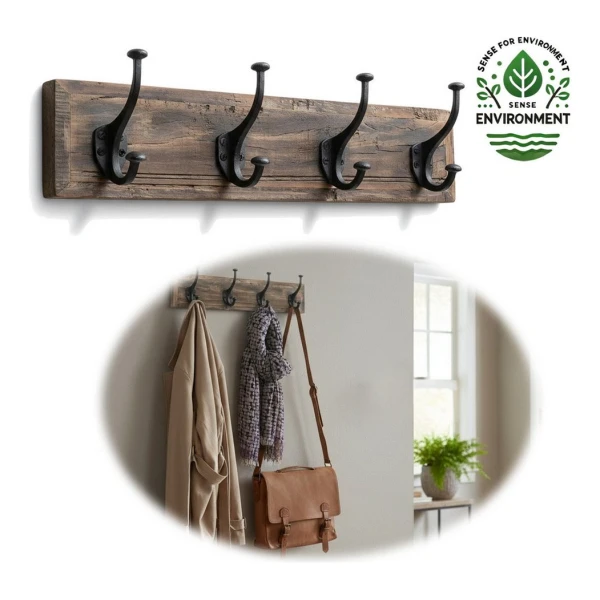 LS-LebenStil Wandgarderobe Vintage Teakholz Braun 50cm Garderobenleiste Garderobenhaken Garderobe (Nachhaltige Wandgarderobe 4 Haken 4-fach Doppelhaken -, Stabile Gusseisen Kleiderhaken Hakenleiste Mäntel Jacken)