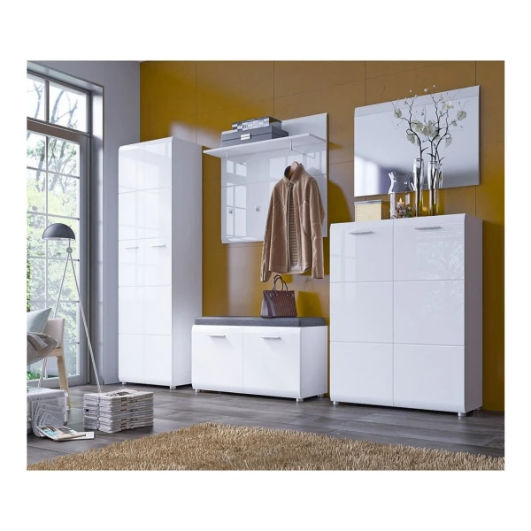 Lomadox Garderoben-Set MALABO-129, (Spar-Set, 5-St), mit Spiegel und Schuhbank in weiß Hochglanz