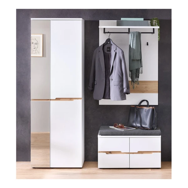 Lomadox Garderoben-Set MANRESA-36-WHITE, (Spar-Set, 3-St., Garderobenschrank Garderobenpaneel Schuhbank), in weiß mit Eiche, grifflos, mit Garderobenbank inkl. Sitzpolster