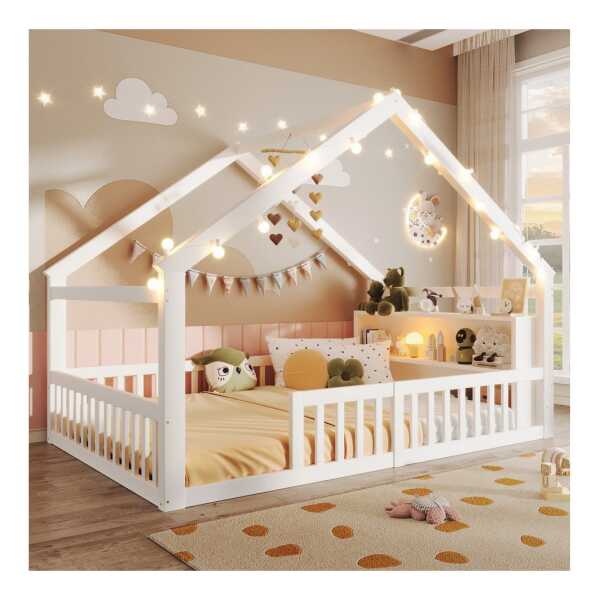 Merax Kinderbett in Hausform, Bodenbett mit integriertem Regal und Lampenleis (1-tlg), Kiefernholz Babybett Flachbett 90x190cm Hausbett mit Gitter & Ablage