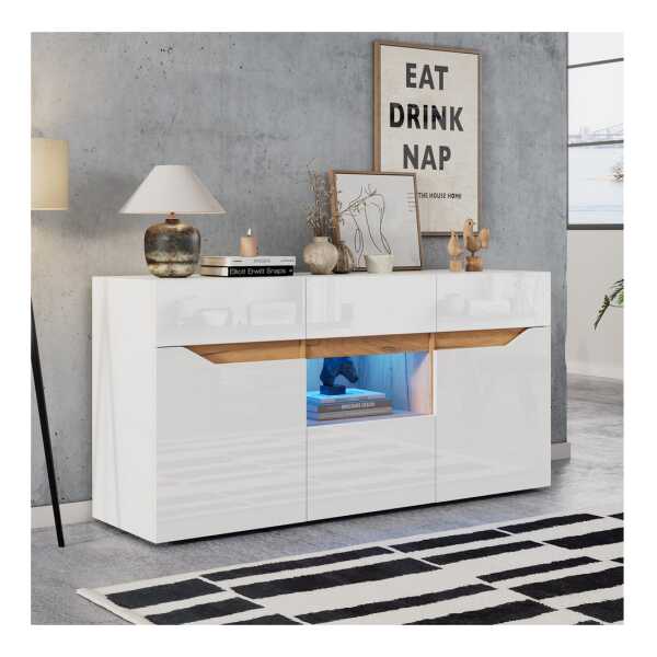 Merax Sideboard hochglanz Anrichte mit LED, Buffetschrank in Weiß/Schwarz & Holzoptik (1 St), Kommode mit 4 Schubladen, 2 Schränken & halboffenem Fach, 140x40x70cm