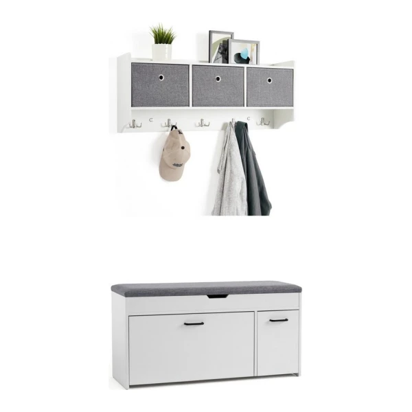 Mondeer Garderoben-Set (2-St), Garderobe mit Schuhbank, mit Stoff-Schublade und 5 Haken, mit Sitzfläche, Weiß