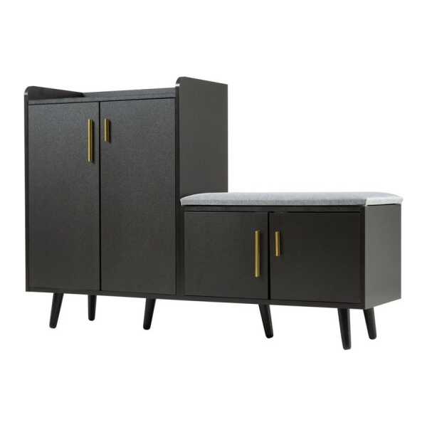 OKWISH Schuhbank Schuhschrank, ausgestattet mit vier Aufbewahrungstüren (Schuhbank mit Holzmaserung und asymmetrischen Metallgriffen - 4 Aufbewahrungstüren, gepolsterte Sitzfläche, stilvoll und funktional, 1-St), mit Sitzbank, verstellbare Böden, asymmetrischen Metallgriffen