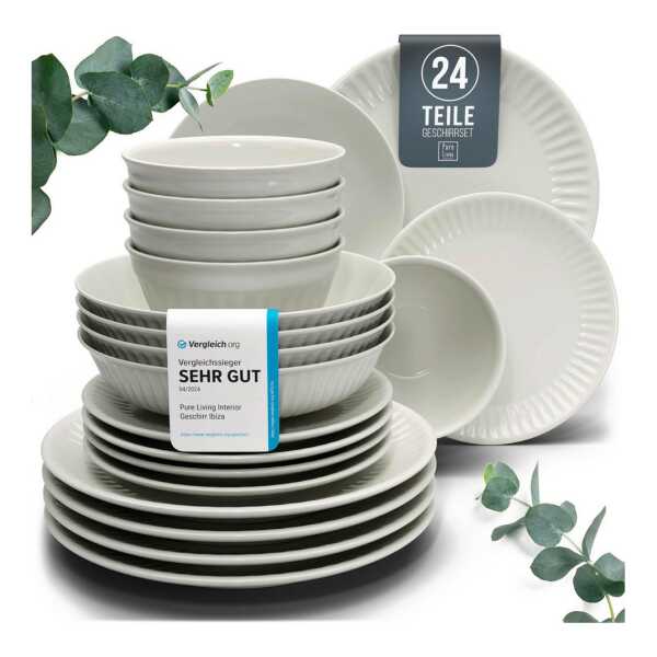 PURE LIVING INTERIOR DESIGN Geschirr-Set 6 Pers. - Hochwertiges Skandinavisches Steingut Geschirrset (24-tlg), 6 Personen, Steingut, Geschirr Set - Schüssel- und Teller Set - Tafelservice