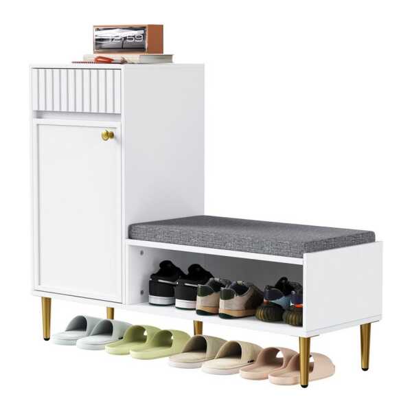 REDOM Schuhbank Für Flur, Wohnzimmer & Schlafzimmer (Moderner Schuhschrank mit Sitzbank, 1 Tür & 1 Schublade, offenes Ablagefach, gepolstert, komfortabler Sitz, vielseitiger Stauraum, 1-St), mit 1 Tür, 1 Schubladen, 1 offenen Ablagefächern
