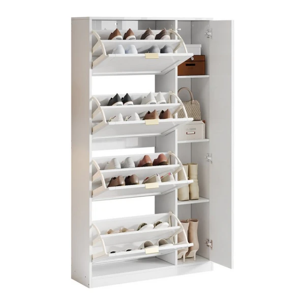 Refined Living Schuhschrank mit Spiegel, 4 klappbaren Aufbewahrungsfächern (Maße: B80/H147/T24 cm, Flurmöbel Weiß, Schuhschrank mit Stauraum, erstellbarem Regalbrett hinter dem rechten Spiegel) für den Flur
