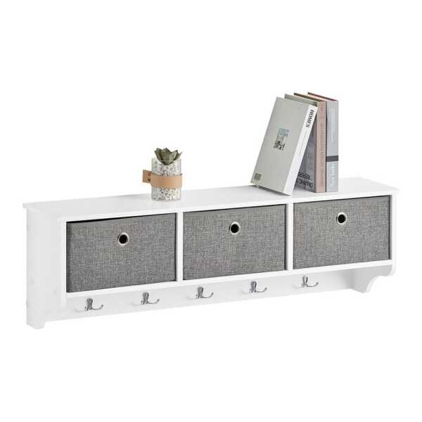 SoBuy Wandgarderobe FRG282, Wandregal, Schweberegal, Garderobenleiste, Flur, Schlafzimmer, Flurgarderobe Kleiderhaken Hängeregal mit 3 Körben, mit Haken
