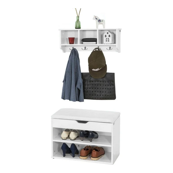 SoBuy Wandgarderobe FSR25-W+FRG48-W, Wandgarderobe-Set Flurmöbel Schuhbank mit Sitzfläche Wandgarderobe
