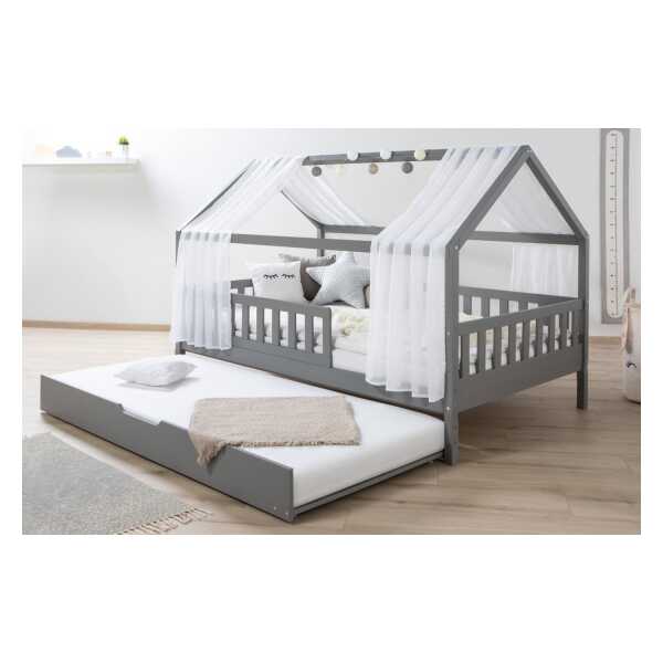 Ticaa Hausbett Kim mit Rausfallschutz und Zusatzbett aus Kiefer, Kinderbett 90x200, inkl. Tüll-Set, mit Rollrost, mit Matratze