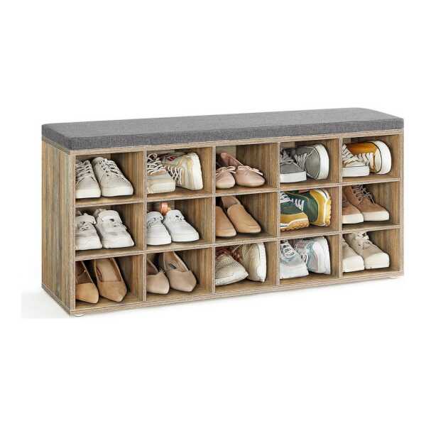 VASAGLE Schuhbank Sitzbank, Schuhregal mit Sitzfläche, mit Kissen und 15 Fächern, 105 x 30 x 48 cm