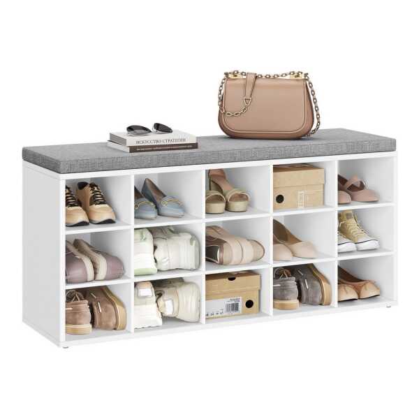 VASAGLE Schuhbank Sitzbank, Schuhregal mit Sitzfläche, mit Kissen und 15 Fächern, 105 x 30 x 48 cm