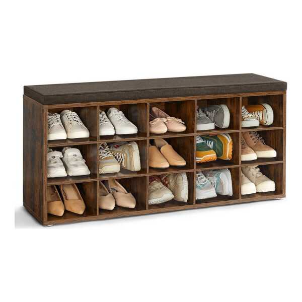 VASAGLE Schuhbank Sitzbank, Schuhregal mit Sitzfläche, mit Kissen und 15 Fächern, 105 x 30 x 48 cm