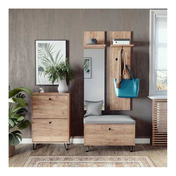 Vicco Garderoben-Set Siri, Goldkraft Eiche, Set mit Wandgarderoben, Sitzbank und Schuhsc..., (4-St)