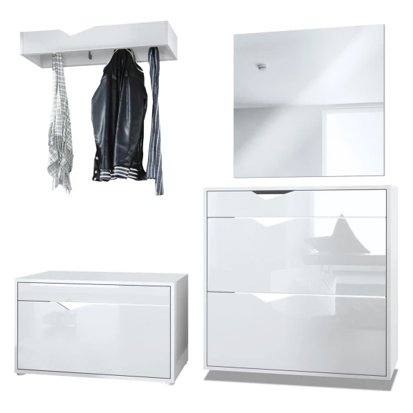 Vladon Garderoben-Set Kolmio, (Garderobenset bestehend aus 1 Schuhschrank, 1 Schuhbank, 1 Spiegel und 1 Wandgarderobe), Weiß matt/Weiß Hochglanz (190 x 185 x 33 cm)