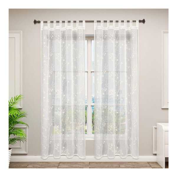 Woltu Gardine (2 St), halbtransparent, Blumen Stickerei mit Schlaufen Leinen Optik