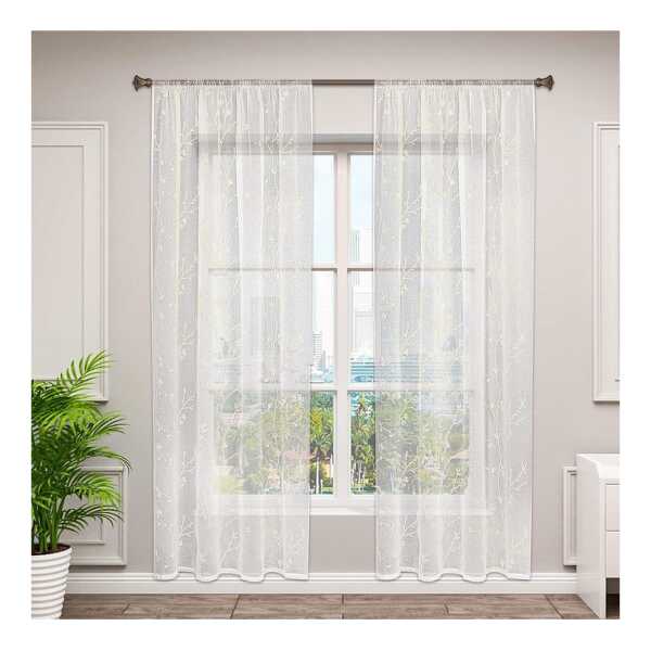 Woltu Gardine (2 St), halbtransparent, transparent Stickerei mit Kräuselband Leinen Optik