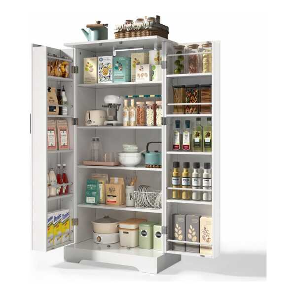 Yorbay Mehrzweckschrank Küchenschrank mit LED-Sensorlicht & höhenverstellbaren Regalen (60x35x128 cm) Freistehender Vorratsschrank mit Doppeltüren für Küche & Wohnzimmer