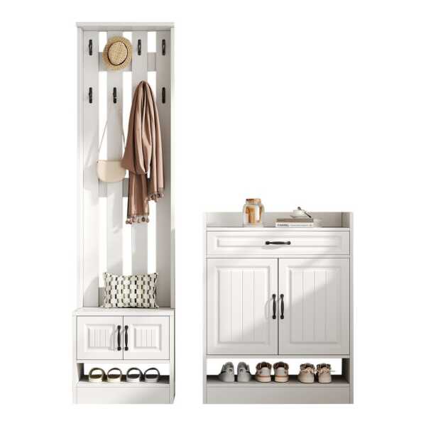 autolock Garderobe Garderobenständer Wandgarderobe Garderoben Set mit Schuhbank, Schrank (125*36*190 cm), Flurmöbel mit 8 Haken, 4 Türen, 1 Schublade, Weiß