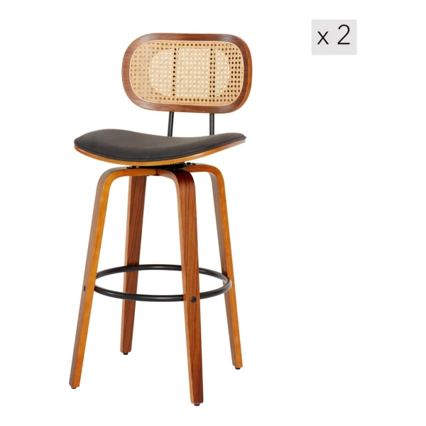 Barhocker (2er Set) aus Massivholz und Rattan Schwarz