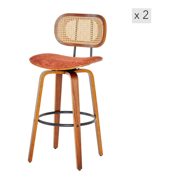 Barhocker (2er Set) aus Massivholz und Rattan Terrakotta