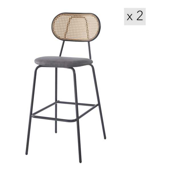 Barhocker (2er Set) aus Metall und Rattan Schwarz
