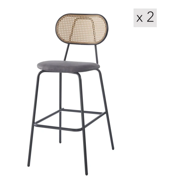 Barhocker (2er Set) aus Metall und Rattan Schwarz