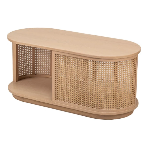 Couchtisch aus Massivholz und Rattan