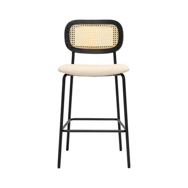 Designhocker aus Stoff in beige Samtoptik, schwarzem Metall und Rattan-Cannage (2er Set) MIRANDA