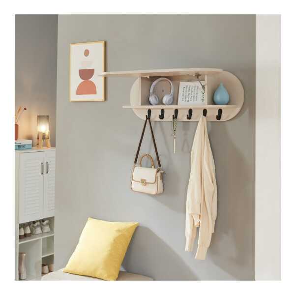 en.casa Wandgarderobe, "Vilkön" mit Ablagefach 6 Haken 80x16x30 cm Beige