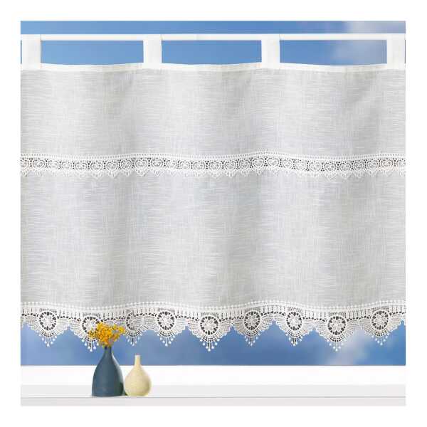 heimtexland Scheibengardine Landhaus Gardine Leinen Optik natur Kurzstore (1 St), Schlaufen, halbtransparent, Polyester, Schlaufen Bistrogardine 45x120 cm I Makramee Borte