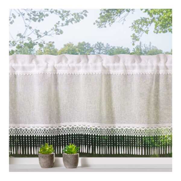 heimtexland Scheibengardine Landhaus Gardine Leinen Optik natur Kurzstore (1 St), Stangendurchzug, halbtransparent, Polyester, Bistrogardine 45x120 cm I Tunnelzug I Fransen Makramee-Borte