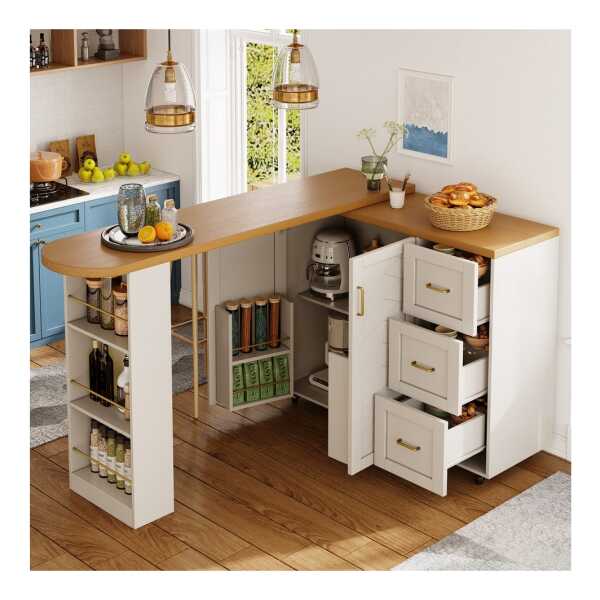 i@home Bartisch Ausziehbarer Sieborad mit Stauraum, rollbar, L-förmig (mit 2 Türen & 3 Schubladen 135-228 x 39 x 104 cm), Arbeitsplatte aus Holzoptik, ideal für Küche, Wohnzimmer und Balkon