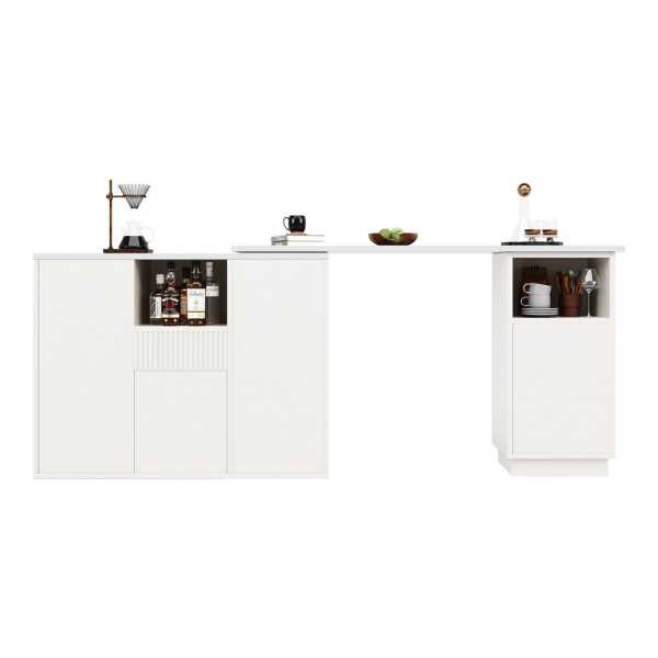 i@home Bartisch Um 360° drehbarer, Hauptkörper 198,5 x 30 x 75 cm (Bis 60 kg belastbar, geeignet für Küche, Wohnzimmer und Esszimmer), mit offenem Stauraum und Marmor-Arbeitsplatte, Weiß