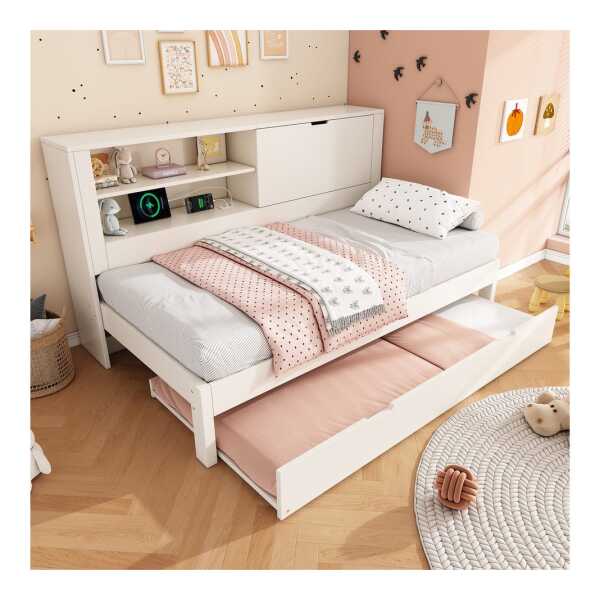 i@home Daybett Einzelbett mit Ausziehbett (Stauraum-Rückwand, USB-Ladestation, Lattenrost & verdecktem Klappfach), 90x200 cm Weiß