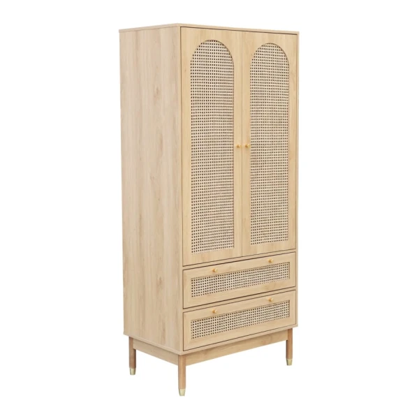 Kleiderschrank mit 2 Türen und 2 Schubladen mit Rattan-Geflecht