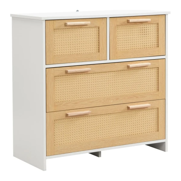 Rattanschrank mit 4 Schubladen und Massivholzgriffen, natur+weiß