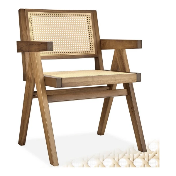 tectake Esszimmerstuhl Holzstuhl Lissy mit Wiener Geflecht im Boho-Stil (Set, 1 St), Breite Rückenlehne und bequeme Sitzfläche mit Armlehnen