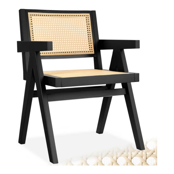 tectake Esszimmerstuhl Holzstuhl Lissy mit Wiener Geflecht im Boho-Stil (Set, 1 St), Breite Rückenlehne und bequeme Sitzfläche mit Armlehnen