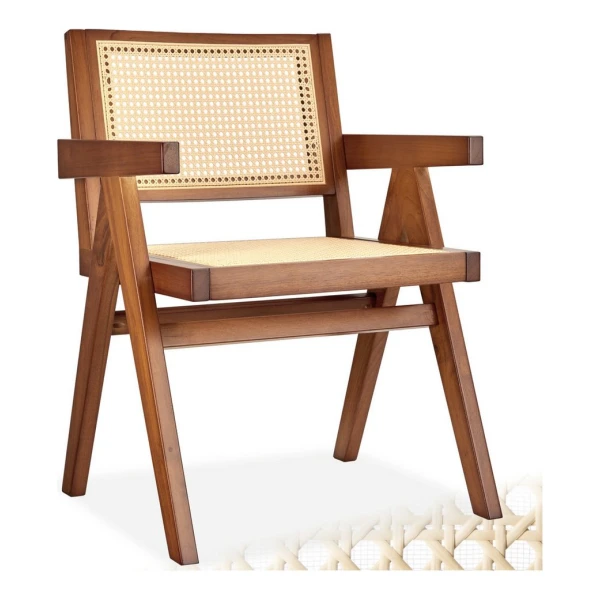 tectake Esszimmerstuhl Holzstuhl Lissy mit Wiener Geflecht im Boho-Stil (Set, 1 St), Breite Rückenlehne und bequeme Sitzfläche mit Armlehnen
