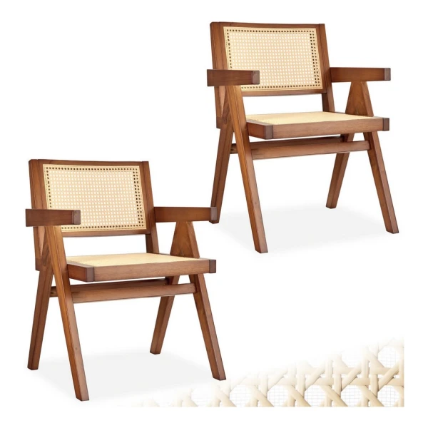 tectake Esszimmerstuhl Holzstuhl Lissy mit Wiener Geflecht im Boho-Stil (Set, 2 St), Breite Rückenlehne und bequeme Sitzfläche mit Armlehnen