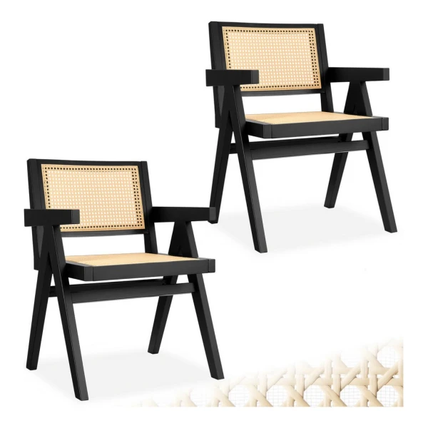 tectake Esszimmerstuhl Holzstuhl Lissy mit Wiener Geflecht im Boho-Stil (Set, 2 St), Breite Rückenlehne und bequeme Sitzfläche mit Armlehnen