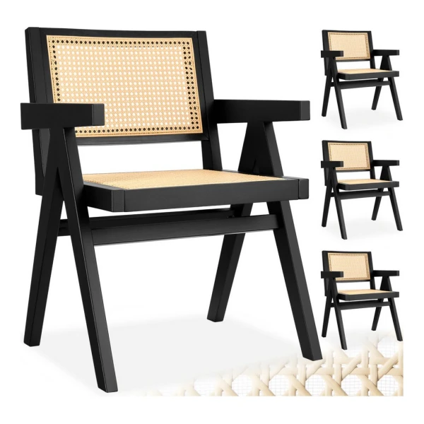 tectake Esszimmerstuhl Holzstuhl Lissy mit Wiener Geflecht im Boho-Stil (Set, 4 St), Breite Rückenlehne und bequeme Sitzfläche mit Armlehnen