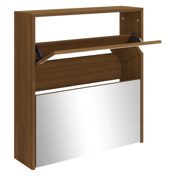 vidaXL Schuhschrank mit Spiegel 2 Fächer Braun Eichen-Optik 63x17x67cm 342634